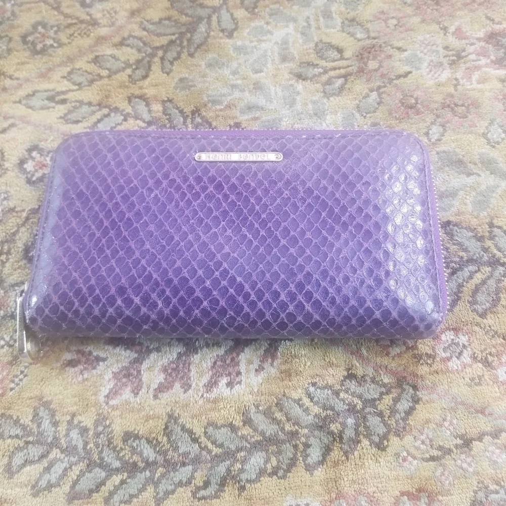 Henri Bendel purple snakeskin embossed leather wallet